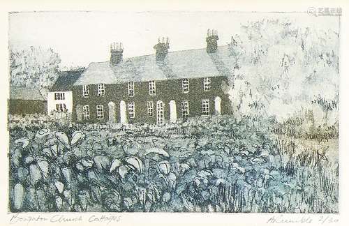 A Rumble, British School, late 20th/early 21st century- Boughton Church Cottages; etching and