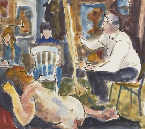Fyffe Christie, British 1918-1979- Small art class, c.1975; watercolour and pen and brown ink, 18.