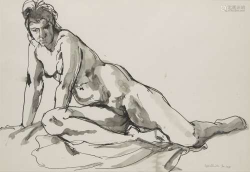 Fyffe Christie, British 1918-1979- Crouching figure, 1978; pen and black ink and wash, signed and