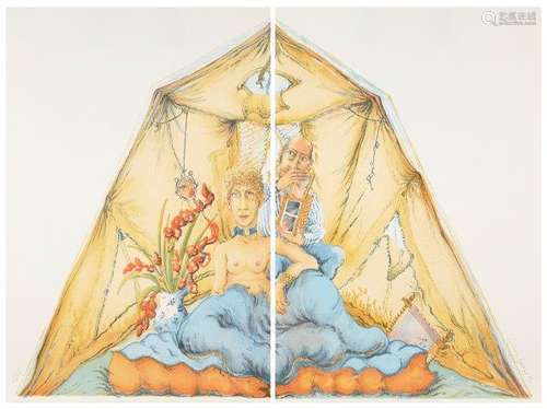 Anthony Green RA, British 1939- The Tent, 1989; lithograph diptych in colours on wove, signed, dated