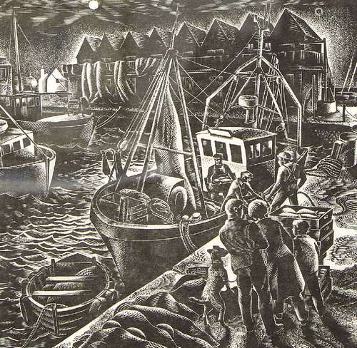 Ben Sands, British b.1920- Last Boat Home; woodblock, titled, signed, dated 1992, and numbered 6/