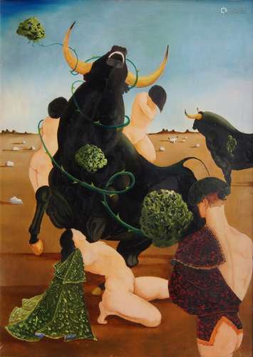 M Clay, mid-20th century- Surrealist composition of female nudes with bulls; oil on board, signed,