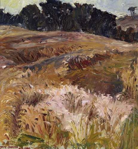 Fyffe Christie, British 1918-1979- Cornfield, 1969; oil on board, bears inscribed labels verso,