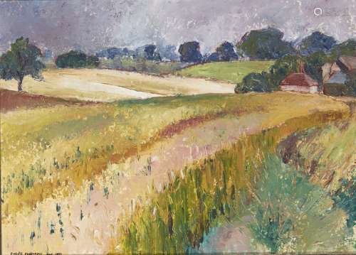 Fyffe Christie, British 1918-1979- Pink and green fields, Passingford, Essex, 1977; oil on board,