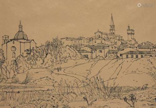 Fyffe Christie, British 1918-1979- Italian townscape; felt tip pen on buff paper, signed and dated