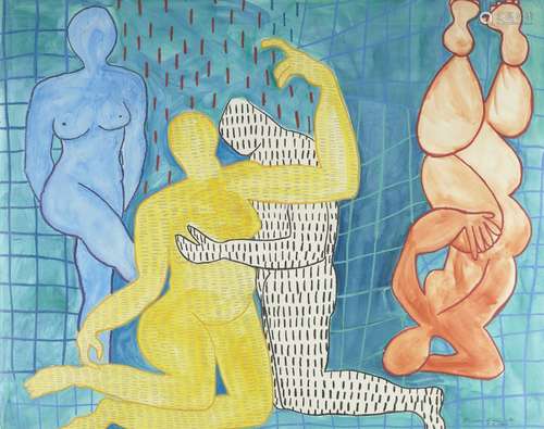 Sandra Daniel, British, late 20th century- Four abstract figures; chalk and watercolour on paper,