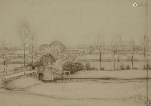 British School, early/mid-20th century- View of a bridge in the countryside; pen and brown ink and