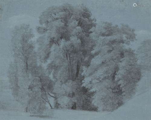 Attributed to James Bourne, British 1773-1854- Study of trees; soft pencil on blue coloured paper,