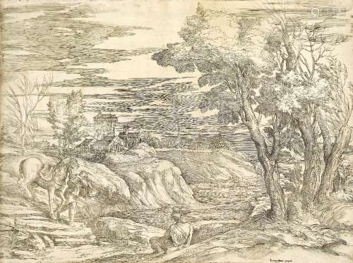 Giovanni Battista Franco, Italian 1498-1561- Landscape with horseman and his groom, after Tiziano