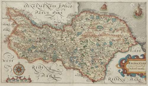 Christopher Saxton, British act. 1540-1610- West Riding; hand-coloured engraved map on laid paper,