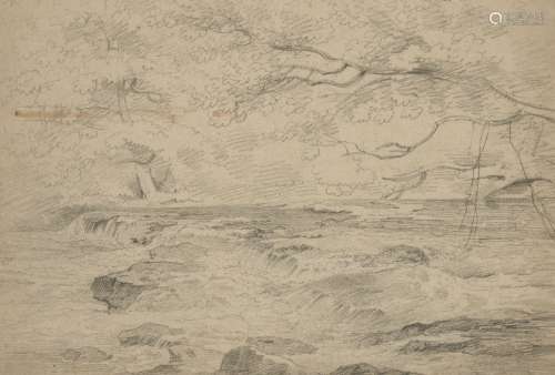 British School, late 18th/early 19th century- Cascades in a wooded landscape; pencil, 28x41cm (