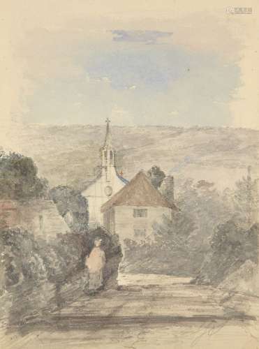 British School, early-mid 19th century- Figure on a country lane with a church and A rural
