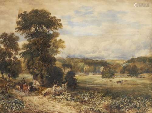 David Cox Jnr., British 1809-1885- View of Ruined Abbey with an adjacent country house; watercolour,