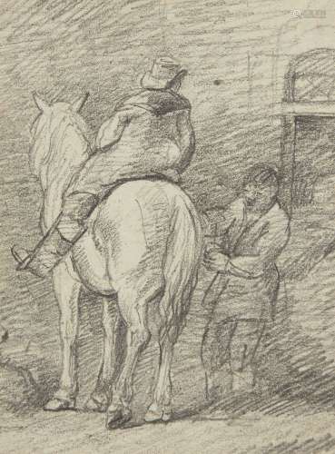 George Frost, British 1754-1821- Man on a horse having a stirrup fixed; pencil, 16.5x12cm: Charles