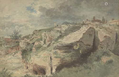 John Charles Denham, British exh. 1796-1858- Figures on a rocky outcrop; pencil and watercolour on