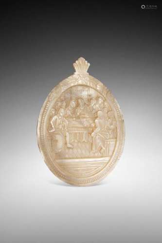 OVAL MOTHER OF PEARL MEDALLION CARVED IN BAS RELIE…