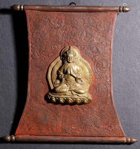 A GILT BRONZE TABLET CARVED WITH TARA BUDDHA