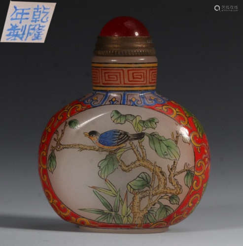 A GLASS SNUFF BOTTLE PAINTED WITH BIRD&FLOWER