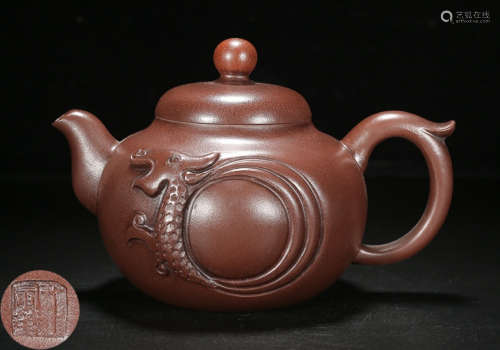 A ZISHA TEA POT CARVED WITH DRAGON