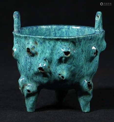 A GREEN GLAZE CENSER WITH MARK