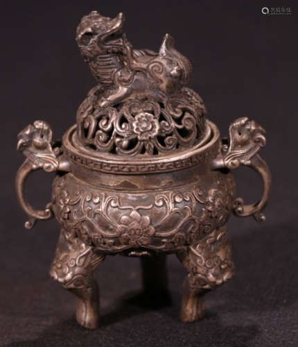 A SILVER CENSER CARVED WITH FLOWER