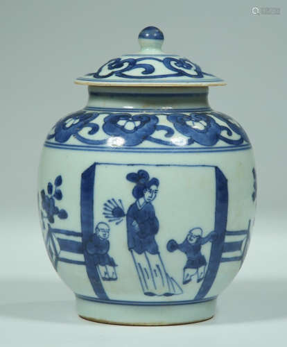 A BLUE&WHITE GLAZE JAR PAINTED WITH STORY PATTERN