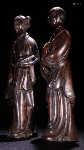 PAIR OF CHENXIANG WOOD FIGURE STATUE