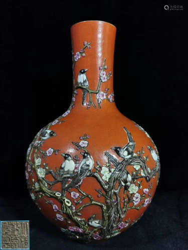 A RED GLAZE VASE PAINTED WITH FLOWER&BIRD