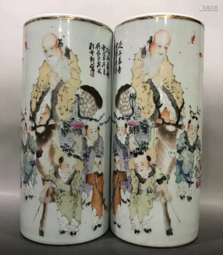 PAIR OF SHALLOW GLAZE VASE PAINTED WITH FIGURE PATTERN