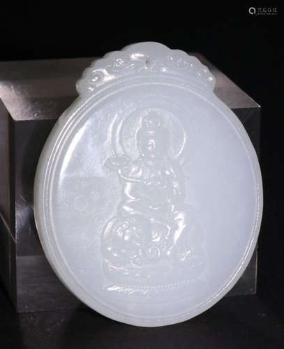 A HETIAN JADE TABLET CARVED WITH GUANYIN BUDDHA