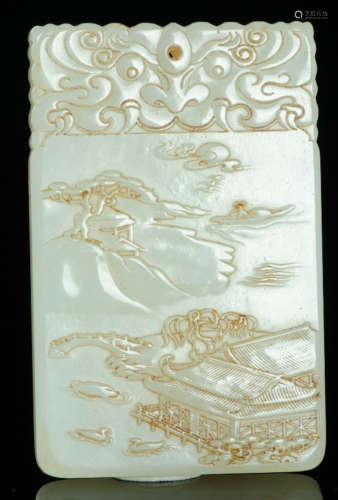 A HETIAN JADE TABLET CARVED WITH LANDSCAPE