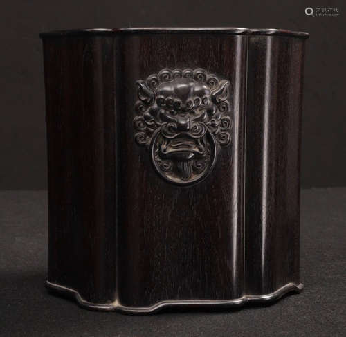 A ZITAN WOOD BRUSH POT CARVED WITH BEAST