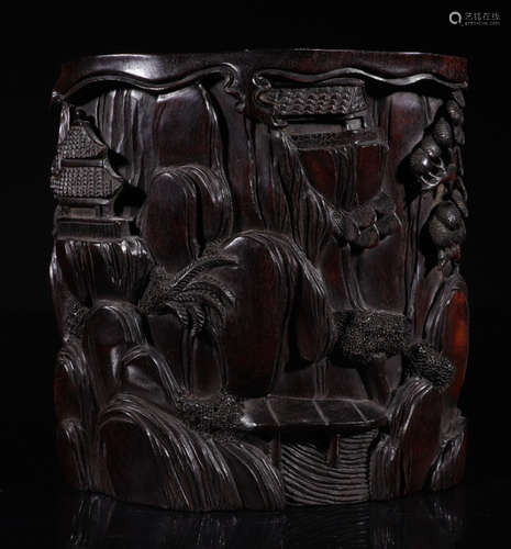 A ZITAN WOOD BRUSH POT CARVED WITH STORY PATTERN