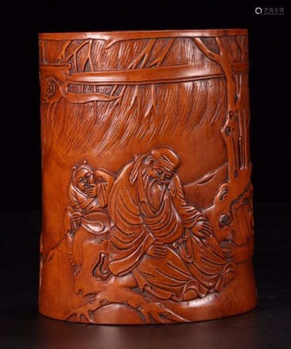 A HUANGYANG WOOD BRUSH POT CARVED WITH STORY