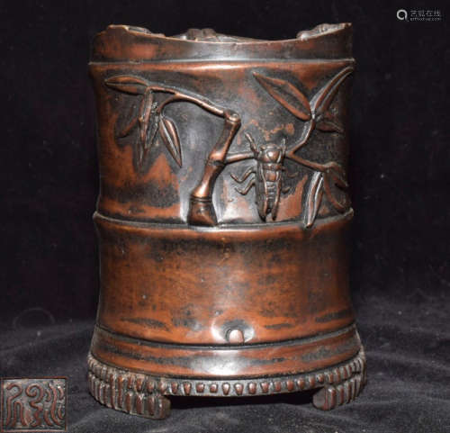 A GILT BRONZE CENSER CARVED WITH BAMBOO