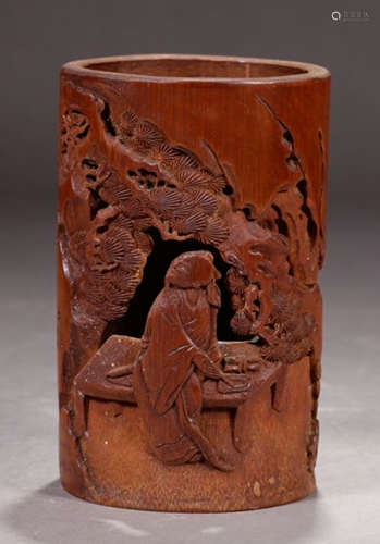 A BAMBOO BRUSH POT CARVED WITH STORY