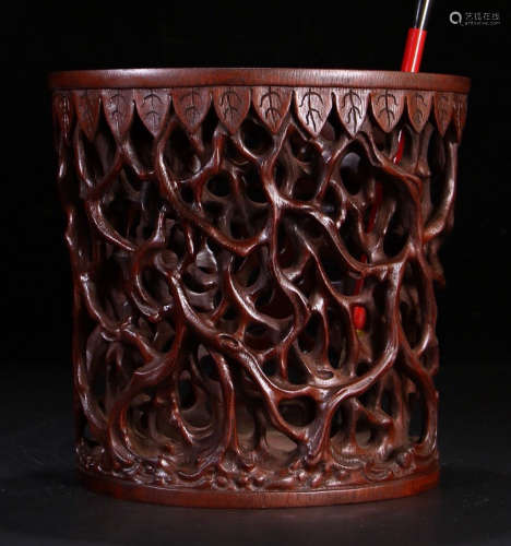A BAMBOO BRUSH POT HOLLOW CARVED
