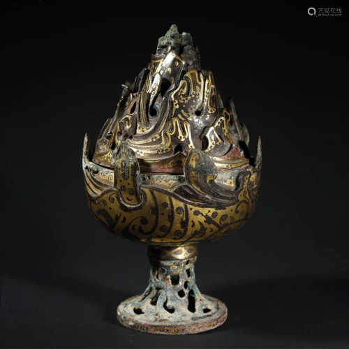 A RARE GOLD AND SILVER-INLAID BRONZE CENSER