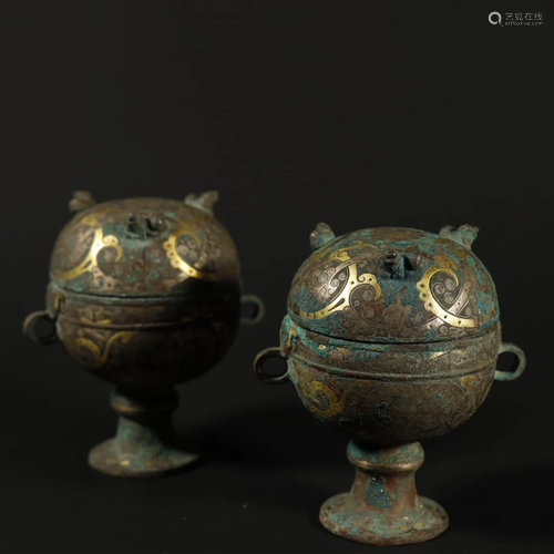 A PAIR OF RARE GOLD AND SILVER-INLAID BRONZE …