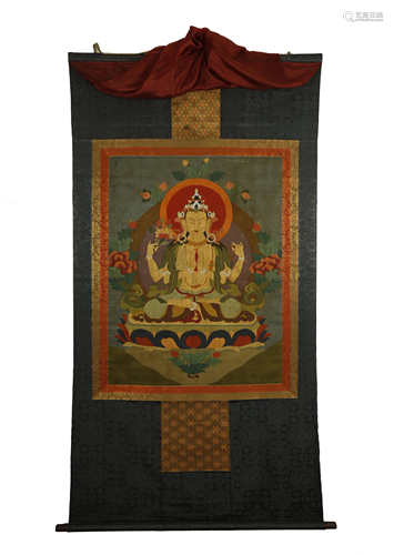 AN ARCHAIC RARE SILK/KESI THANGKA