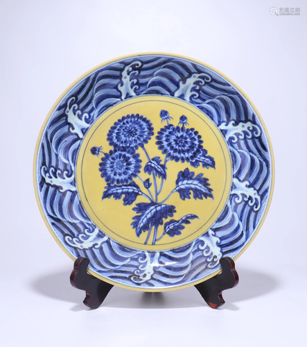 A CHINESE YELLOW GROUND UNDERGLAZE BLUE …