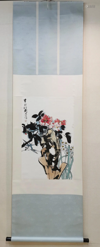 A CHINESE PAPER SCROLL FLOWER PAINTING, …