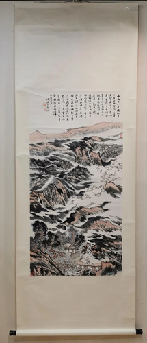 A CHINESE PAPER SCROLL LANDSCAPE PAINTIN…