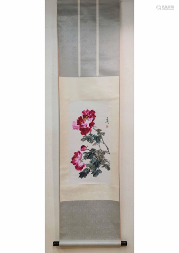 A CHINESE PAPER SCROLL PEONY PAINTING, AT…