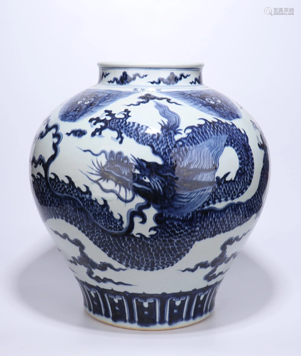 A CHINESE BLUE AND WHITE DRAGON JAR, MING …