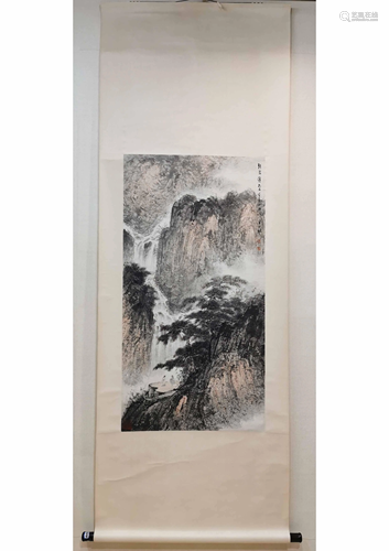 A CHINESE PAPER SCROLL LANDSCAPE PAINTIN…