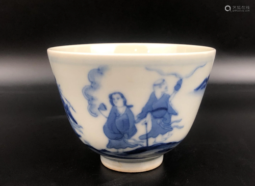 A CHINESE BLUE AND WHITE TEA CUP WITH CHEN…