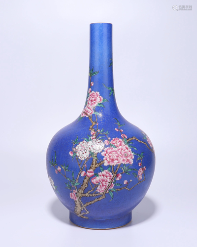 A CHINESE FAMILLE ROSE BLUE GROUND VASE, M…