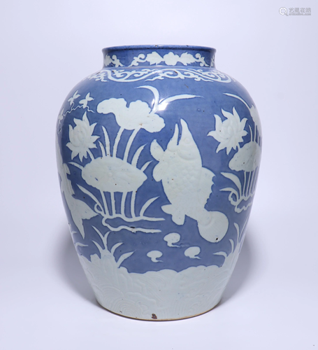 A CHINESE BLUE GLAZED FISH JAR, MING DYN…