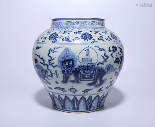 A CHINESE BLUE AND WHITE MYTHICAL BEAST JAR,…